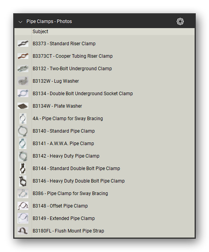 Clamps product photographs in the Pipe Hangers and Supports Takeoff & Estimating Bluebeam tool set (sheet 1 of 2)