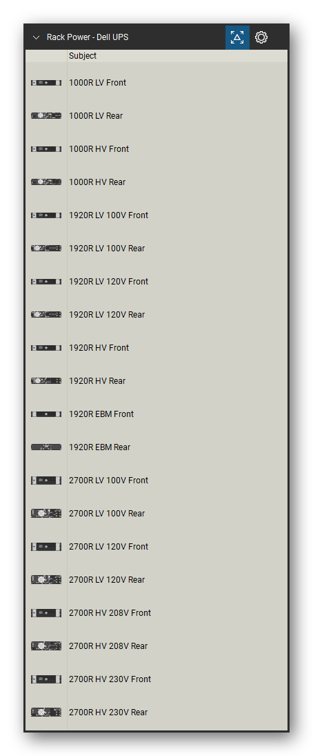 Rack Power tool set for Bluebeam Revu, Dell UPS set (tools 1-20 of 90) - 20 views of 10 devices, front and rear: 1000R LV, 1000R HV, 1920R LV 100V, 1920R LV 120V, 1920R HV, 1920R EBM, 2700R LV 100V, 2700R LV 120V, 2700R HV 208V and 2700R HV 230V. Tool Chest in Detail view, one row per tool with its name.