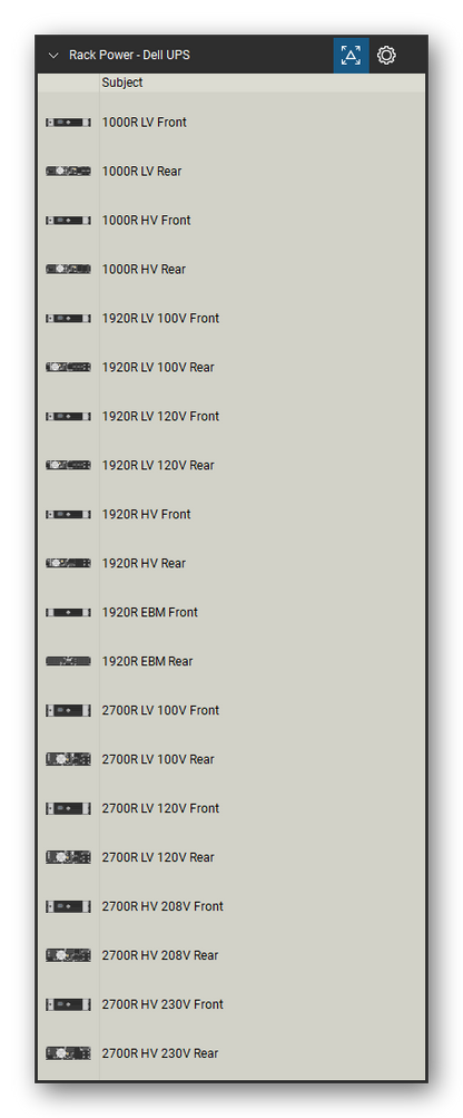Rack Power tool set for Bluebeam Revu, Dell UPS set (tools 1-20 of 90) - 20 views of 10 devices, front and rear: 1000R LV, 1000R HV, 1920R LV 100V, 1920R LV 120V, 1920R HV, 1920R EBM, 2700R LV 100V, 2700R LV 120V, 2700R HV 208V and 2700R HV 230V. Tool Chest in Detail view, one row per tool with its name.
