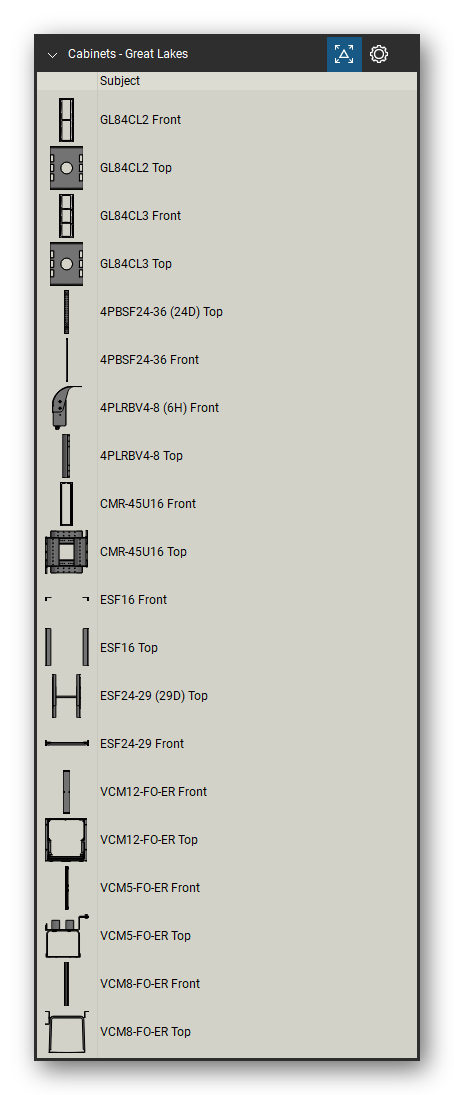 Racks, Cabinets & Cable Pathways tool set for Bluebeam Revu, Great Lakes set (tools 1-20 of 62) - 20 views of 13 devices, front and top: GL84CL2, GL84CL3, 4PBSF24-36 (24D), 4PBSF24-36, 4PLRBV4-8 (6H), 4PLRBV4-8, CMR-45U16, ESF16, ESF24-29 (29D), ESF24-29 and 3 more. Tool Chest in Detail view, one row per tool with its name.