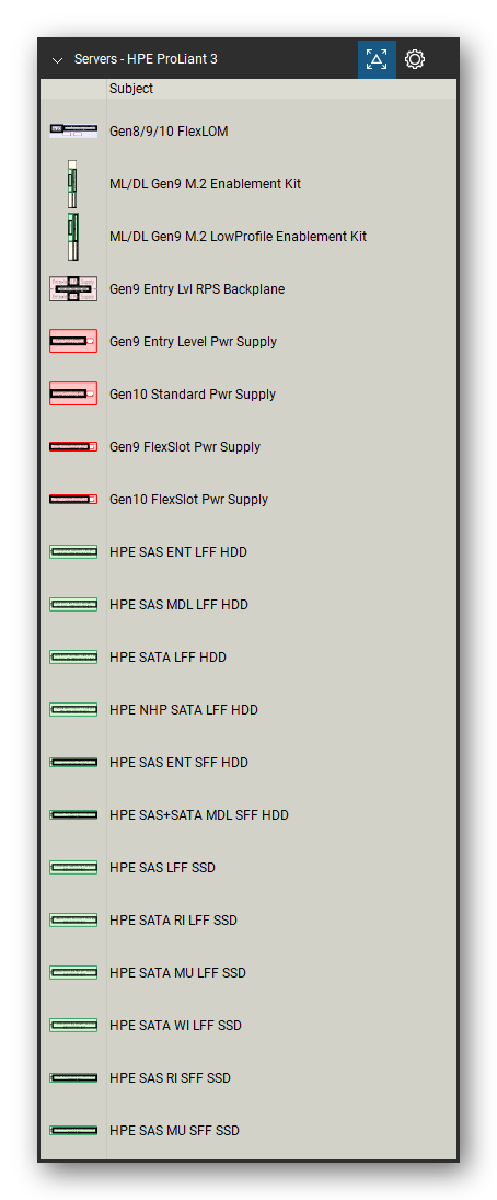 Servers tool set for Bluebeam Revu, HPE ProLiant 3 set (tools 1-20 of 231) - 20 tools: Gen8/9/10 FlexLOM, ML/DL Gen9 M.2 Enablement Kit, ML/DL Gen9 M.2 LowProfile Enablement Kit, Gen9 Entry Lvl RPS Backplane, Gen9 Entry Level Pwr Supply, Gen10 Standard Pwr Supply, Gen9 FlexSlot Pwr Supply, Gen10 FlexSlot Pwr Supply, HPE SAS ENT LFF HDD, HPE SAS MDL LFF HDD and 10 more. Tool Chest in Detail view, one row per tool with its name.