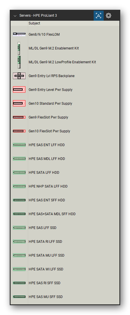 Servers tool set for Bluebeam Revu, HPE ProLiant 3 set (tools 1-20 of 231) - 20 tools: Gen8/9/10 FlexLOM, ML/DL Gen9 M.2 Enablement Kit, ML/DL Gen9 M.2 LowProfile Enablement Kit, Gen9 Entry Lvl RPS Backplane, Gen9 Entry Level Pwr Supply, Gen10 Standard Pwr Supply, Gen9 FlexSlot Pwr Supply, Gen10 FlexSlot Pwr Supply, HPE SAS ENT LFF HDD, HPE SAS MDL LFF HDD and 10 more. Tool Chest in Detail view, one row per tool with its name.