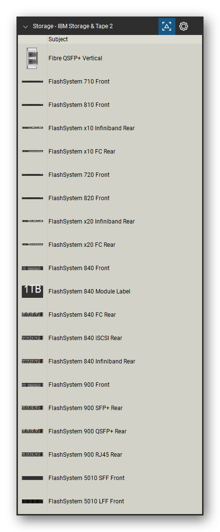 Storage & Backup tool set for Bluebeam Revu, IBM Storage & Tape 2 set (tools 1-20 of 227) - 20 tools: Fibre QSFP+ Vertical, FlashSystem 710, FlashSystem 810, FlashSystem x10 Infiniband, FlashSystem x10 FC, FlashSystem 720, FlashSystem 820, FlashSystem x20 Infiniband, FlashSystem x20 FC, FlashSystem 840 and 10 more. Tool Chest in Detail view, one row per tool with its name.