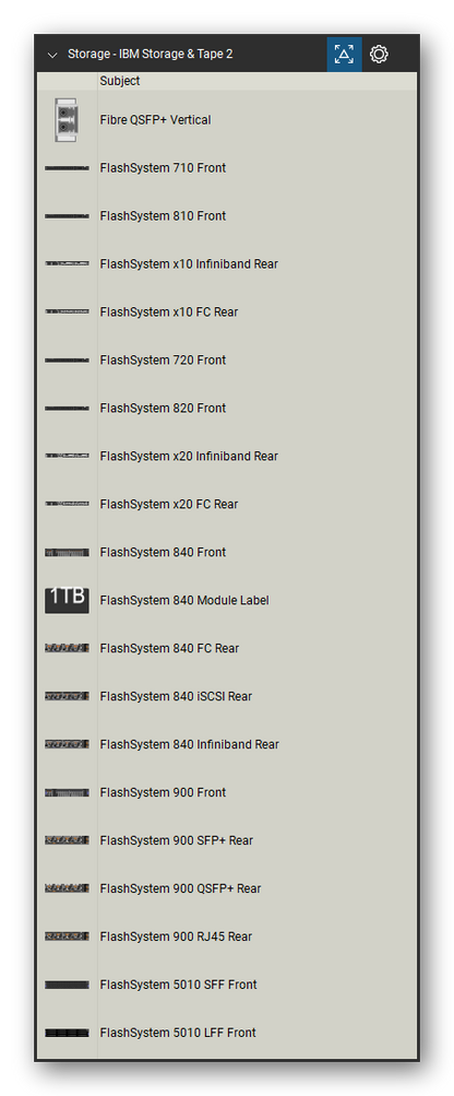 Storage & Backup tool set for Bluebeam Revu, IBM Storage & Tape 2 set (tools 1-20 of 227) - 20 tools: Fibre QSFP+ Vertical, FlashSystem 710, FlashSystem 810, FlashSystem x10 Infiniband, FlashSystem x10 FC, FlashSystem 720, FlashSystem 820, FlashSystem x20 Infiniband, FlashSystem x20 FC, FlashSystem 840 and 10 more. Tool Chest in Detail view, one row per tool with its name.