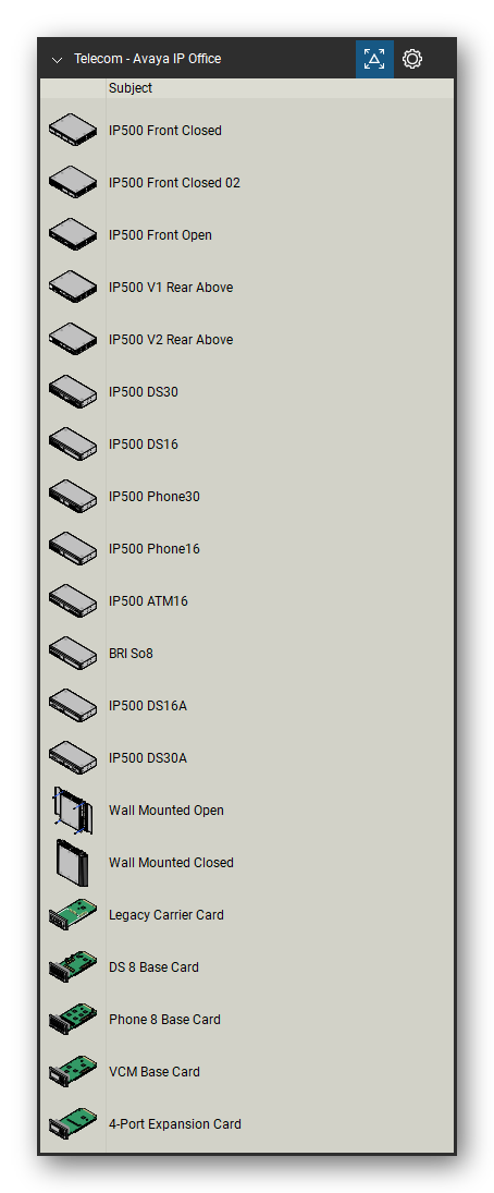 Telecom, Voice & Wireless tool set for Bluebeam Revu, Avaya IP Office set (tools 1-20 of 178) - 20 tools: IP500 Front Closed, IP500 Front Closed 02, IP500 Front Open, IP500 V1 Rear Above, IP500 V2 Rear Above, IP500 DS30, IP500 DS16, IP500 Phone30, IP500 Phone16, IP500 ATM16 and 10 more. Tool Chest in Detail view, one row per tool with its name.