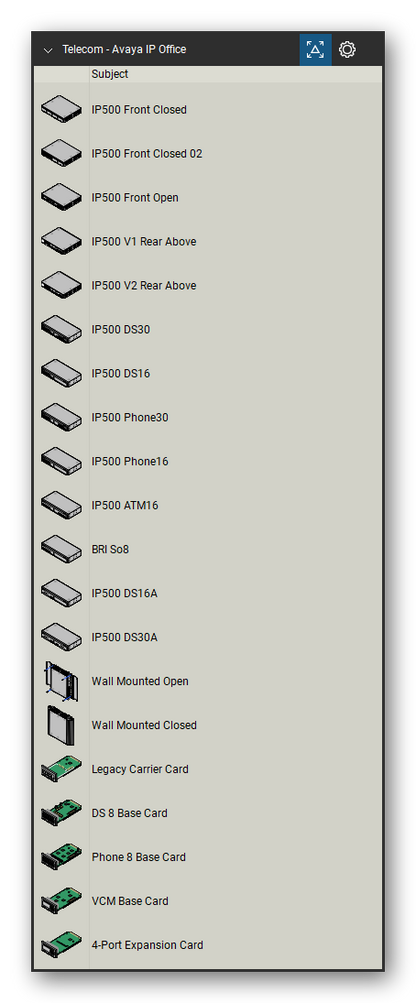 Telecom, Voice & Wireless tool set for Bluebeam Revu, Avaya IP Office set (tools 1-20 of 178) - 20 tools: IP500 Front Closed, IP500 Front Closed 02, IP500 Front Open, IP500 V1 Rear Above, IP500 V2 Rear Above, IP500 DS30, IP500 DS16, IP500 Phone30, IP500 Phone16, IP500 ATM16 and 10 more. Tool Chest in Detail view, one row per tool with its name.