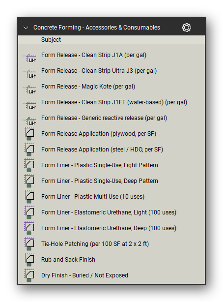 Accessories and consumables in the Concrete Forming Takeoff & Estimating Bluebeam tool set (sheet 1 of 2)
