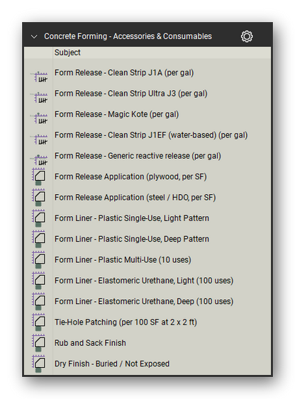 Accessories and consumables in the Concrete Forming Takeoff & Estimating Bluebeam tool set (sheet 1 of 2)