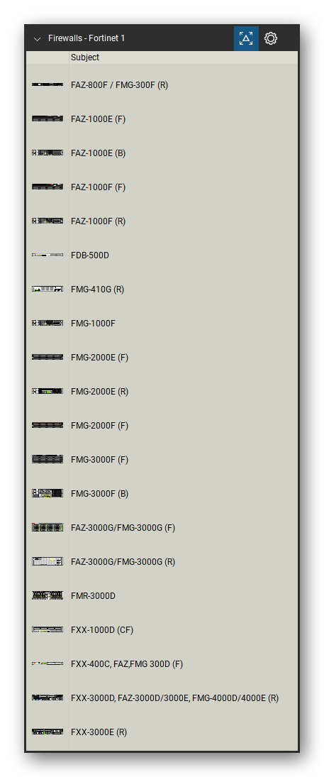 Firewalls & Security Appliances tool set for Bluebeam Revu, Fortinet 1 set (tools 21-40 of 226) - 20 views of 17 devices, front and rear: FAZ-800F / FMG-300F, FAZ-1000E, FAZ-1000E (B), FAZ-1000F, FDB-500D, FMG-410G, FMG-1000F, FMG-2000E, FMG-2000F, FMG-3000F and 7 more. Tool Chest in Detail view, one row per tool with its name.
