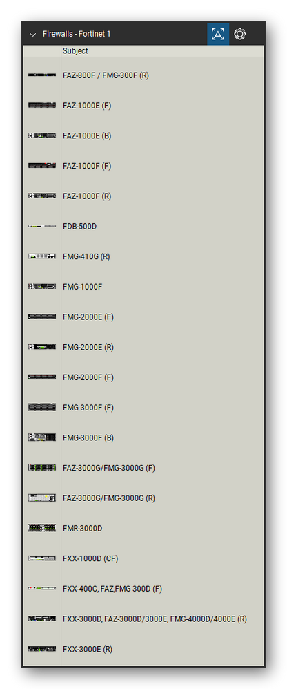 Firewalls & Security Appliances tool set for Bluebeam Revu, Fortinet 1 set (tools 21-40 of 226) - 20 views of 17 devices, front and rear: FAZ-800F / FMG-300F, FAZ-1000E, FAZ-1000E (B), FAZ-1000F, FDB-500D, FMG-410G, FMG-1000F, FMG-2000E, FMG-2000F, FMG-3000F and 7 more. Tool Chest in Detail view, one row per tool with its name.
