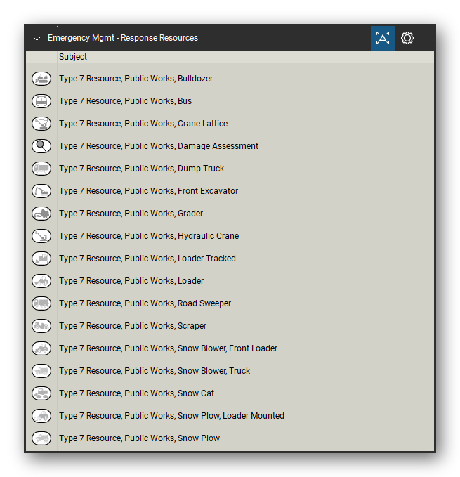 Incident & Emergency Management tool set for Bluebeam Revu, Response Resources set (tools 51-67 of 82) - 17 tools: Type 7 Resource, Public Works, Bulldozer, Type 7 Resource, Public Works, Bus, Type 7 Resource, Public Works, Crane Lattice, Type 7 Resource, Public Works, Damage, Type 7 Resource, Public Works, Dump Truck, Type 7 Resource, Public Works, Front, Type 7 Resource, Public Works, Grader, Type 7 Resource, Public Works, Hydraulic and more. Tool Chest in Detail view, one row per tool with its name.