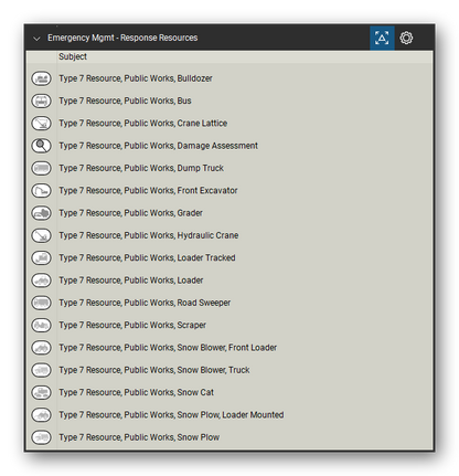 Incident & Emergency Management tool set for Bluebeam Revu, Response Resources set (tools 51-67 of 82) - 17 tools: Type 7 Resource, Public Works, Bulldozer, Type 7 Resource, Public Works, Bus, Type 7 Resource, Public Works, Crane Lattice, Type 7 Resource, Public Works, Damage, Type 7 Resource, Public Works, Dump Truck, Type 7 Resource, Public Works, Front, Type 7 Resource, Public Works, Grader, Type 7 Resource, Public Works, Hydraulic and more. Tool Chest in Detail view, one row per tool with its name.