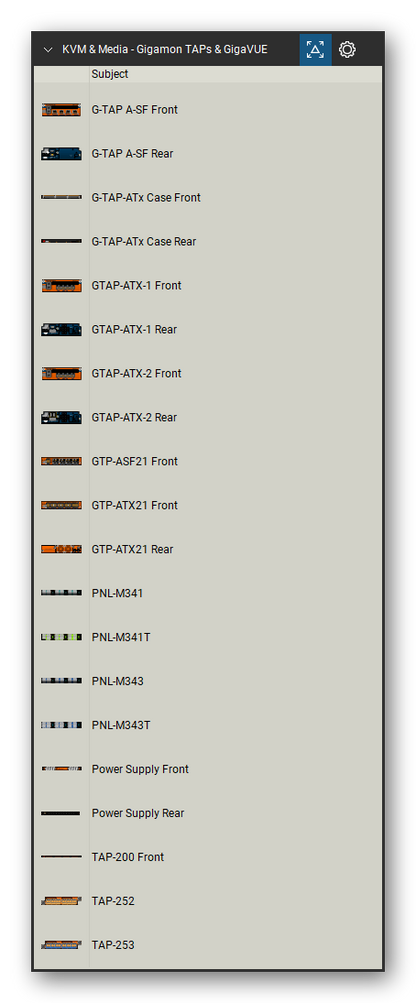 KVM, Console Servers & Media Converters tool set for Bluebeam Revu, Gigamon TAPs & GigaVUE set (tools 1-20 of 108) - 20 views of 14 devices, front and rear: G-TAP A-SF, G-TAP-ATx Case, GTAP-ATX-1, GTAP-ATX-2, GTP-ASF21, GTP-ATX21, PNL-M341, PNL-M341T, PNL-M343, PNL-M343T and 4 more. Tool Chest in Detail view, one row per tool with its name.