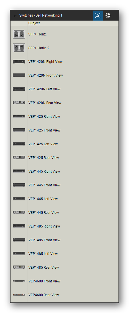 Network Switches & Routers tool set for Bluebeam Revu, Dell Networking 1 set (tools 1-20 of 213) - 20 views of 7 devices, front, rear and side: SFP+ Horiz., SFP+ Horiz. 2, VEP1420N, VEP1425, VEP1445, VEP1485 and VEP4600. Tool Chest in Detail view, one row per tool with its name.