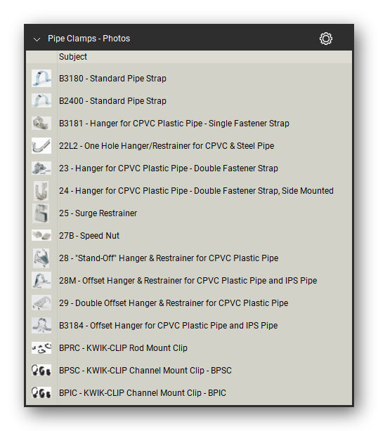 Clamps product photographs in the Pipe Hangers and Supports Takeoff & Estimating Bluebeam tool set (sheet 2 of 2)