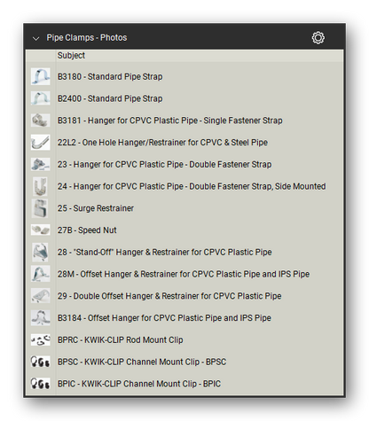 Clamps product photographs in the Pipe Hangers and Supports Takeoff & Estimating Bluebeam tool set (sheet 2 of 2)