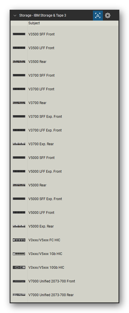 Storage & Backup tool set for Bluebeam Revu, IBM Storage & Tape 3 set (tools 1-20 of 219) - 20 views of 19 devices, front and rear: V3500 SFF, V3500 LFF, V3500, V3700 SFF, V3700 LFF, V3700, V3700 SFF Exp., V3700 LFF Exp., V3700 Exp., V5000 SFF and 9 more. Tool Chest in Detail view, one row per tool with its name.