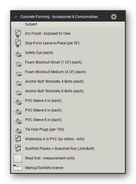 Accessories and consumables in the Concrete Forming Takeoff & Estimating Bluebeam tool set (sheet 2 of 2)