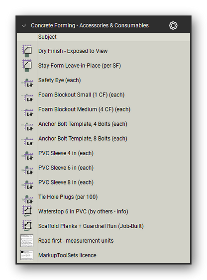Accessories and consumables in the Concrete Forming Takeoff & Estimating Bluebeam tool set (sheet 2 of 2)