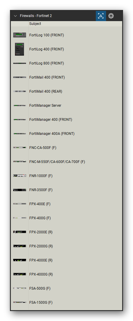 Firewalls & Security Appliances tool set for Bluebeam Revu, Fortinet 2 set (tools 1-20 of 105) - 20 views of 19 devices, front and rear: FortiLog 100, FortiLog 400, FortiLog 800, FortiMail 400, FortiManager Server, FortiManager 400, FortiManager 400A, FNC-CA-500F, FNC-M-550F/CA-600F/CA-700F, FNR-1000F and 9 more. Tool Chest in Detail view, one row per tool with its name.
