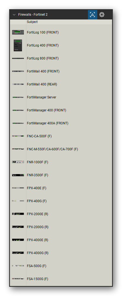 Firewalls & Security Appliances tool set for Bluebeam Revu, Fortinet 2 set (tools 1-20 of 105) - 20 views of 19 devices, front and rear: FortiLog 100, FortiLog 400, FortiLog 800, FortiMail 400, FortiManager Server, FortiManager 400, FortiManager 400A, FNC-CA-500F, FNC-M-550F/CA-600F/CA-700F, FNR-1000F and 9 more. Tool Chest in Detail view, one row per tool with its name.