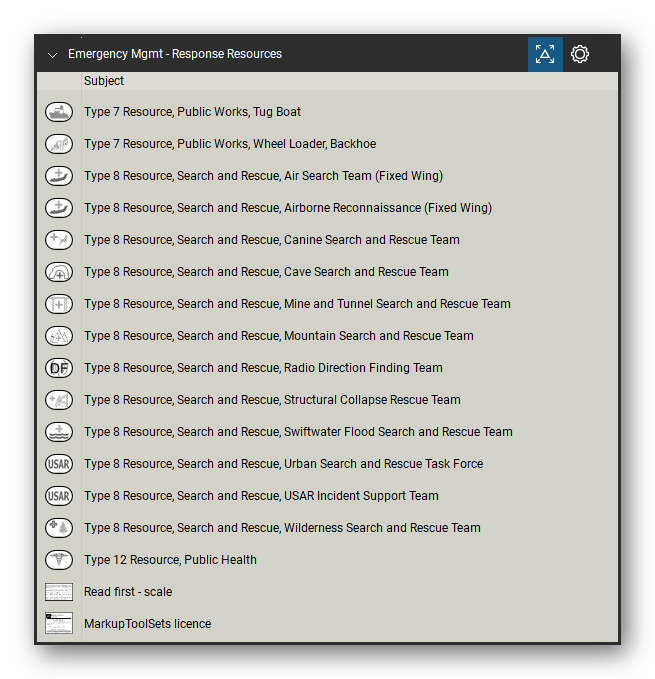 Incident & Emergency Management tool set for Bluebeam Revu, Response Resources set (tools 68-82 of 82) - 15 tools: Type 7 Resource, Public Works, Tug Boat, Type 7 Resource, Public Works, Wheel Loader, Type 8 Resource, Search and Rescue, Air, Type 8 Resource, Search and Rescue, Airborne, Type 8 Resource, Search and Rescue, Canine, Type 8 Resource, Search and Rescue, Cave, Type 8 Resource, Search and Rescue, Mine, Type 8 Resource and more. Tool Chest in Detail view, one row per tool with its name.