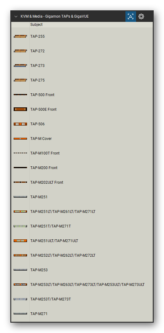 KVM, Console Servers & Media Converters tool set for Bluebeam Revu, Gigamon TAPs & GigaVUE set (tools 21-40 of 108) - 20 tools: TAP-255, TAP-272, TAP-273, TAP-275, TAP-500, TAP-500E, TAP-506, TAP-M Cover, TAP-M100T, TAP-M200 and 10 more. Tool Chest in Detail view, one row per tool with its name.