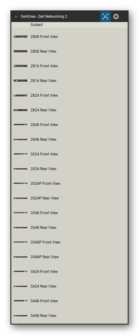 Network Switches & Routers tool set for Bluebeam Revu, Dell Networking 2 set (tools 1-20 of 211) - 20 views of 10 devices, front and rear: 2808, 2816, 2824, 2848, 3524, 3524P, 3548, 3548P, 5424 and 5448. Tool Chest in Detail view, one row per tool with its name.