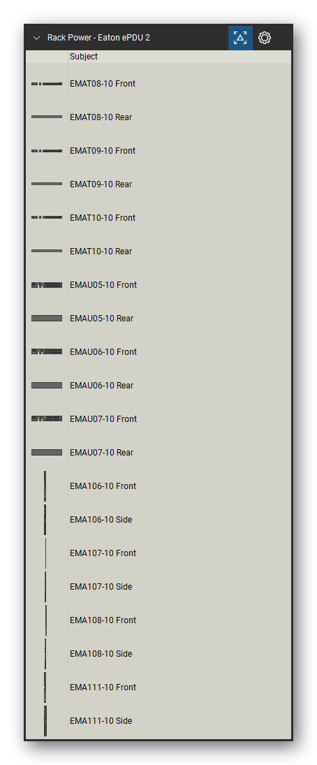 Rack Power tool set for Bluebeam Revu, Eaton ePDU 2 set (tools 1-20 of 261) - 20 views of 10 devices, front, rear and side: EMAT08-10, EMAT09-10, EMAT10-10, EMAU05-10, EMAU06-10, EMAU07-10, EMA106-10, EMA107-10, EMA108-10 and EMA111-10. Tool Chest in Detail view, one row per tool with its name.