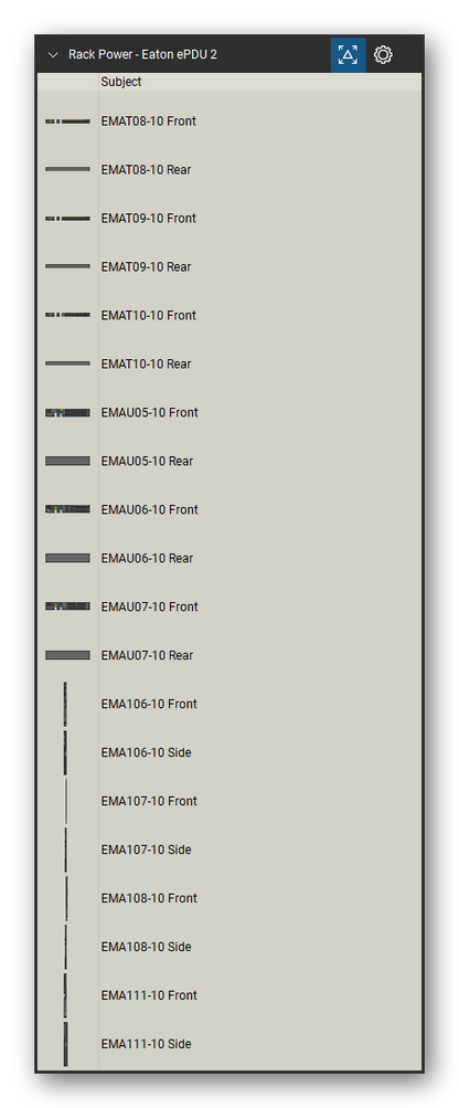 Rack Power tool set for Bluebeam Revu, Eaton ePDU 2 set (tools 1-20 of 261) - 20 views of 10 devices, front, rear and side: EMAT08-10, EMAT09-10, EMAT10-10, EMAU05-10, EMAU06-10, EMAU07-10, EMA106-10, EMA107-10, EMA108-10 and EMA111-10. Tool Chest in Detail view, one row per tool with its name.