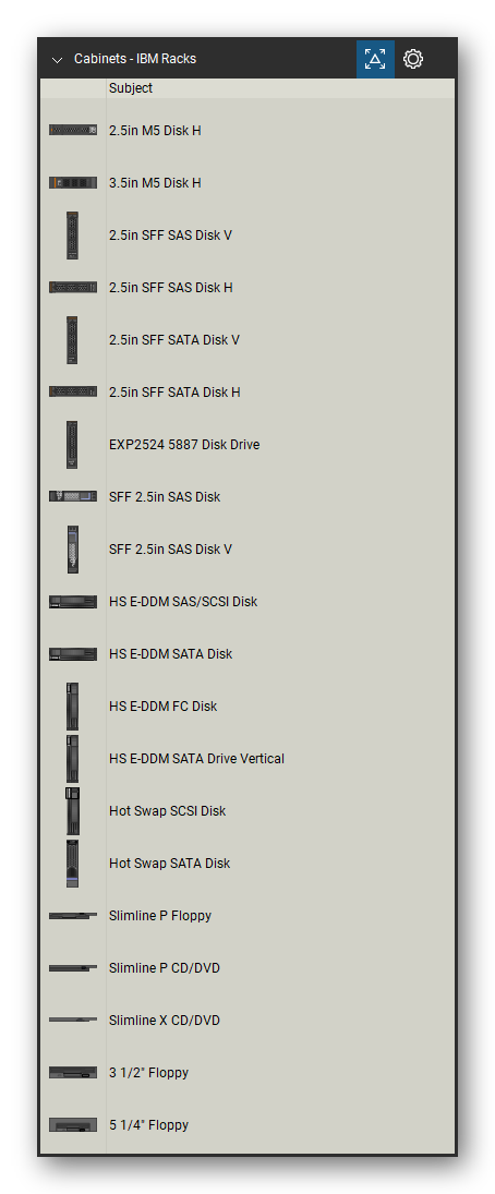 Racks, Cabinets & Cable Pathways tool set for Bluebeam Revu, IBM Racks set (tools 1-20 of 127) - 20 tools: 2.5in M5 Disk H, 3.5in M5 Disk H, 2.5in SFF SAS Disk V, 2.5in SFF SAS Disk H, 2.5in SFF SATA Disk V, 2.5in SFF SATA Disk H, EXP2524 5887 Disk Drive, SFF 2.5in SAS Disk, SFF 2.5in SAS Disk V, HS E-DDM SAS/SCSI Disk and 10 more. Tool Chest in Detail view, one row per tool with its name.