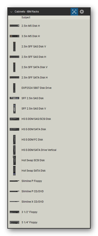 Racks, Cabinets & Cable Pathways tool set for Bluebeam Revu, IBM Racks set (tools 1-20 of 127) - 20 tools: 2.5in M5 Disk H, 3.5in M5 Disk H, 2.5in SFF SAS Disk V, 2.5in SFF SAS Disk H, 2.5in SFF SATA Disk V, 2.5in SFF SATA Disk H, EXP2524 5887 Disk Drive, SFF 2.5in SAS Disk, SFF 2.5in SAS Disk V, HS E-DDM SAS/SCSI Disk and 10 more. Tool Chest in Detail view, one row per tool with its name.