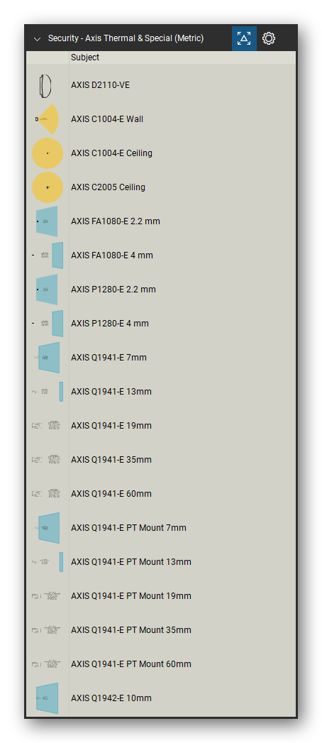 Security & Surveillance tool set for Bluebeam Revu, Axis Thermal & Special (Metric) set (tools 40-58 of 75) - 19 tools: AXIS D2110-VE, AXIS C1004-E Wall, AXIS C1004-E Ceiling, AXIS C2005 Ceiling, AXIS FA1080-E 2.2 mm, AXIS FA1080-E 4 mm, AXIS P1280-E 2.2 mm, AXIS P1280-E 4 mm, AXIS Q1941-E 7mm, AXIS Q1941-E 13mm and 9 more. Tool Chest in Detail view, one row per tool with its name.