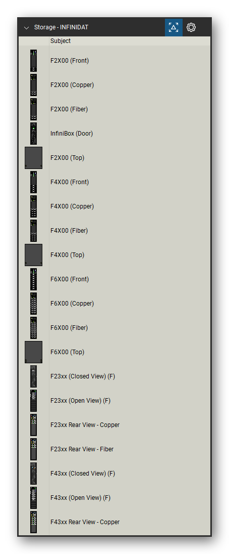 Storage & Backup tool set for Bluebeam Revu, INFINIDAT set (tools 1-20 of 32) - 20 views of 17 devices, front and top: F2X00, F2X00 (Copper), F2X00 (Fiber), InfiniBox (Door), F4X00, F4X00 (Copper), F4X00 (Fiber), F6X00, F6X00 (Copper), F6X00 (Fiber) and 7 more. Tool Chest in Detail view, one row per tool with its name.