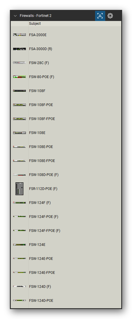 Firewalls & Security Appliances tool set for Bluebeam Revu, Fortinet 2 set (tools 21-40 of 105) - 20 tools: FSA-2000E, FSA-3000D, FSW-28C, FSW-80-POE, FSW-108F, FSW-108F-POE, FSW-108F-FPOE, FSW-108E, FSW-108E-POE, FSW-108E-FPOE and 10 more. Tool Chest in Detail view, one row per tool with its name.