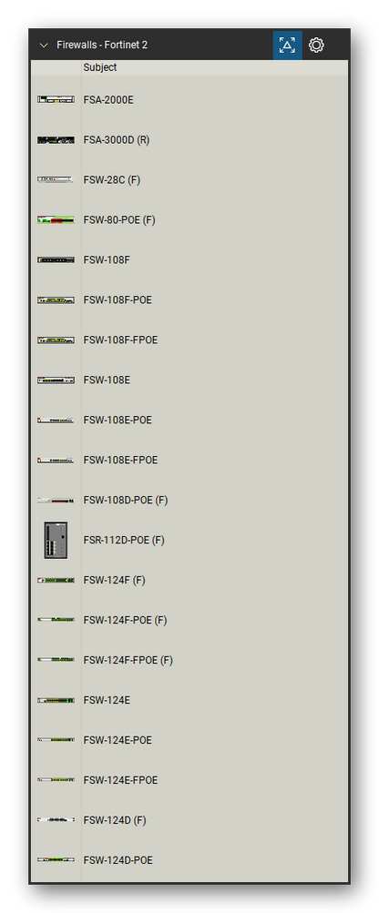 Firewalls & Security Appliances tool set for Bluebeam Revu, Fortinet 2 set (tools 21-40 of 105) - 20 tools: FSA-2000E, FSA-3000D, FSW-28C, FSW-80-POE, FSW-108F, FSW-108F-POE, FSW-108F-FPOE, FSW-108E, FSW-108E-POE, FSW-108E-FPOE and 10 more. Tool Chest in Detail view, one row per tool with its name.