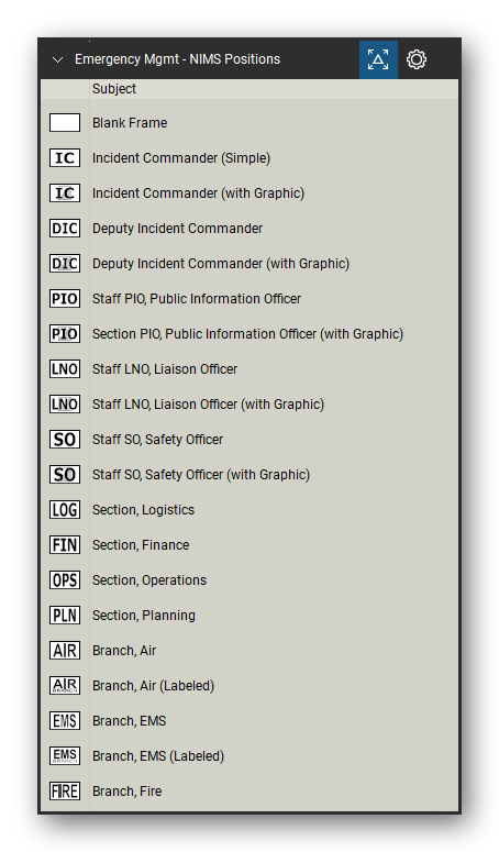 Incident & Emergency Management tool set for Bluebeam Revu, NIMS Positions set (tools 1-20 of 96) - 20 tools: Blank Frame, Incident Commander (Simple), Incident Commander (with Graphic), Deputy Incident Commander, Deputy Incident Commander (with Graphic), Staff PIO, Public Information Officer, Section PIO, Public Information Officer, Staff LNO, Liaison Officer, Staff LNO, Liaison Officer (with Graphic), Staff SO, Safety Officer and 10 more. Tool Chest in Detail view, one row per tool with its name.