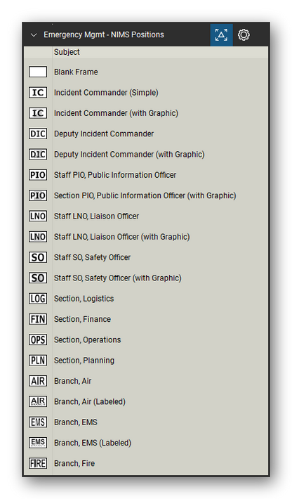 Incident & Emergency Management tool set for Bluebeam Revu, NIMS Positions set (tools 1-20 of 96) - 20 tools: Blank Frame, Incident Commander (Simple), Incident Commander (with Graphic), Deputy Incident Commander, Deputy Incident Commander (with Graphic), Staff PIO, Public Information Officer, Section PIO, Public Information Officer, Staff LNO, Liaison Officer, Staff LNO, Liaison Officer (with Graphic), Staff SO, Safety Officer and 10 more. Tool Chest in Detail view, one row per tool with its name.