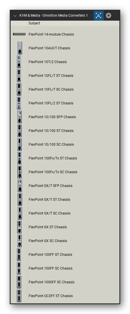 KVM, Console Servers & Media Converters tool set for Bluebeam Revu, Omnitron Media Converters 1 set (tools 1-20 of 311) - 20 tools: FlexPoint 14-module Chassis, FlexPoint 10AUI/T Chassis, FlexPoint 10T/2 Chassis, FlexPoint 10FL/T ST Chassis, FlexPoint 10FL/T SC Chassis, FlexPoint 10FL/2 ST Chassis, FlexPoint 10/100 SFP Chassis, FlexPoint 10/100 ST Chassis, FlexPoint 10/100 SC Chassis, FlexPoint 100Fx/Tx ST Chassis and 10 more. Tool Chest in Detail view, one row per tool with its name.