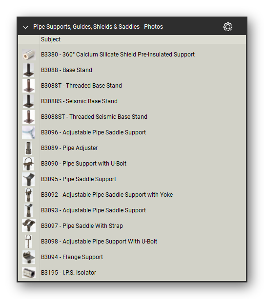 Guides shields product photographs in the Pipe Hangers and Supports Takeoff & Estimating Bluebeam tool set (sheet 1 of 2)