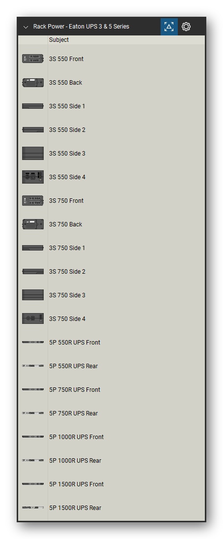 Rack Power tool set for Bluebeam Revu, Eaton UPS 3 & 5 Series set (tools 1-20 of 216) - 20 views of 14 devices, front and rear: 3S 550, 3S 550 Side 1, 3S 550 Side 2, 3S 550 Side 3, 3S 550 Side 4, 3S 750, 3S 750 Side 1, 3S 750 Side 2, 3S 750 Side 3, 3S 750 Side 4 and 4 more. Tool Chest in Detail view, one row per tool with its name.
