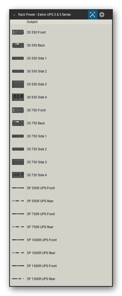 Rack Power tool set for Bluebeam Revu, Eaton UPS 3 & 5 Series set (tools 1-20 of 216) - 20 views of 14 devices, front and rear: 3S 550, 3S 550 Side 1, 3S 550 Side 2, 3S 550 Side 3, 3S 550 Side 4, 3S 750, 3S 750 Side 1, 3S 750 Side 2, 3S 750 Side 3, 3S 750 Side 4 and 4 more. Tool Chest in Detail view, one row per tool with its name.