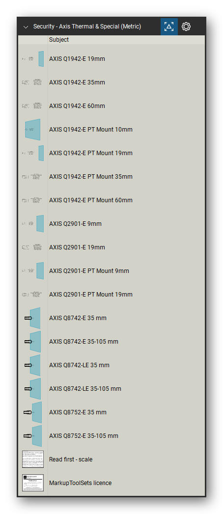 Security & Surveillance tool set for Bluebeam Revu, Axis Thermal & Special (Metric) set (tools 59-75 of 75) - 17 tools: AXIS Q1942-E 19mm, AXIS Q1942-E 35mm, AXIS Q1942-E 60mm, AXIS Q1942-E PT Mount 10mm, AXIS Q1942-E PT Mount 19mm, AXIS Q1942-E PT Mount 35mm, AXIS Q1942-E PT Mount 60mm, AXIS Q2901-E 9mm, AXIS Q2901-E 19mm, AXIS Q2901-E PT Mount 9mm and 7 more. Tool Chest in Detail view, one row per tool with its name.