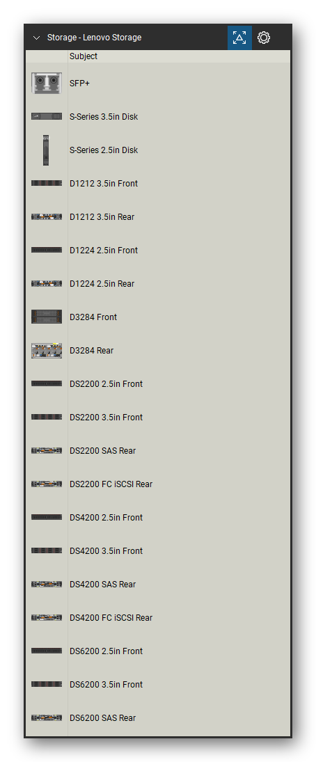 Storage & Backup tool set for Bluebeam Revu, Lenovo Storage set (tools 1-20 of 150) - 20 views of 17 devices, front and rear: SFP+, S-Series 3.5in Disk, S-Series 2.5in Disk, D1212 3.5in, D1224 2.5in, D3284, DS2200 2.5in, DS2200 3.5in, DS2200 SAS, DS2200 FC iSCSI and 7 more. Tool Chest in Detail view, one row per tool with its name.
