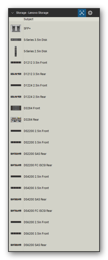 Storage & Backup tool set for Bluebeam Revu, Lenovo Storage set (tools 1-20 of 150) - 20 views of 17 devices, front and rear: SFP+, S-Series 3.5in Disk, S-Series 2.5in Disk, D1212 3.5in, D1224 2.5in, D3284, DS2200 2.5in, DS2200 3.5in, DS2200 SAS, DS2200 FC iSCSI and 7 more. Tool Chest in Detail view, one row per tool with its name.