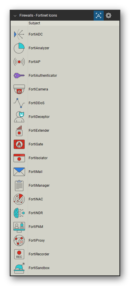 Firewalls & Security Appliances tool set for Bluebeam Revu, Fortinet Icons set (tools 1-18 of 35) - 18 tools: FortiADC, FortiAnalyzer, FortiAP, FortiAuthenticator, FortiCamera, FortiDDoS, FortiDeceptor, FortiExtender, FortiGate, FortiIsolator and 8 more. Tool Chest in Detail view, one row per tool with its name.