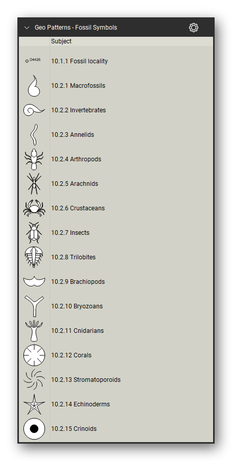 Geologic Hatch Patterns & Map Units tool set for Bluebeam Revu: Fossil Symbols set, tools 1-16 of 62 (10.1.1 to 10.2.15) - Fossil locality, Macrofossils, Invertebrates, Annelids, Arthropods, Arachnids, Crustaceans, Insects, Trilobites, Brachiopods, Bryozoans, Cnidarians and 4 more. Tool Chest in Detail view, one row per tool with its FGDC reference number and name.