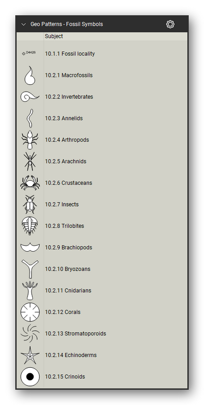 Geologic Hatch Patterns & Map Units tool set for Bluebeam Revu: Fossil Symbols set, tools 1-16 of 62 (10.1.1 to 10.2.15) - Fossil locality, Macrofossils, Invertebrates, Annelids, Arthropods, Arachnids, Crustaceans, Insects, Trilobites, Brachiopods, Bryozoans, Cnidarians and 4 more. Tool Chest in Detail view, one row per tool with its FGDC reference number and name.