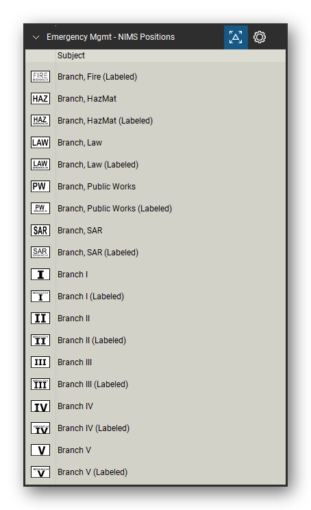 Incident & Emergency Management tool set for Bluebeam Revu, NIMS Positions set (tools 21-39 of 96) - 19 tools: Branch, Fire (Labeled), Branch, HazMat, Branch, HazMat (Labeled), Branch, Law, Branch, Law (Labeled), Branch, Public Works, Branch, Public Works (Labeled), Branch, SAR, Branch, SAR (Labeled), Branch I and 9 more. Tool Chest in Detail view, one row per tool with its name.