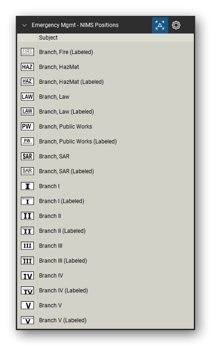 Incident & Emergency Management tool set for Bluebeam Revu, NIMS Positions set (tools 21-39 of 96) - 19 tools: Branch, Fire (Labeled), Branch, HazMat, Branch, HazMat (Labeled), Branch, Law, Branch, Law (Labeled), Branch, Public Works, Branch, Public Works (Labeled), Branch, SAR, Branch, SAR (Labeled), Branch I and 9 more. Tool Chest in Detail view, one row per tool with its name.